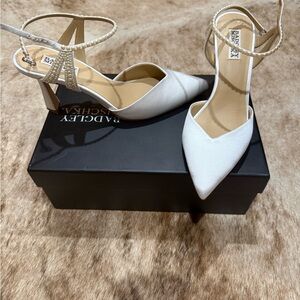 Badgley Mischka White Satin Pointed-Toe Ankle-Strap Heels with Beaded Strap